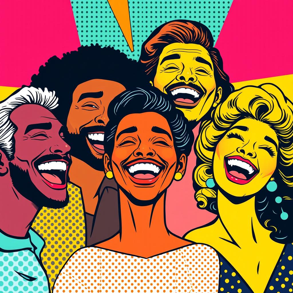 A vibrant pop art composition featuring a series of colorful comic-style portraits of diverse men and women expressing joy