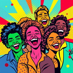 A vibrant pop art composition featuring a series of colorful comic-style portraits of diverse men and women expressing joy