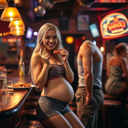 A beautiful, innocent blonde girl is enjoying a delightful meal at a lively bar