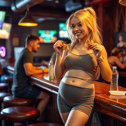 A beautiful, innocent blonde girl is enjoying a delightful meal at a lively bar
