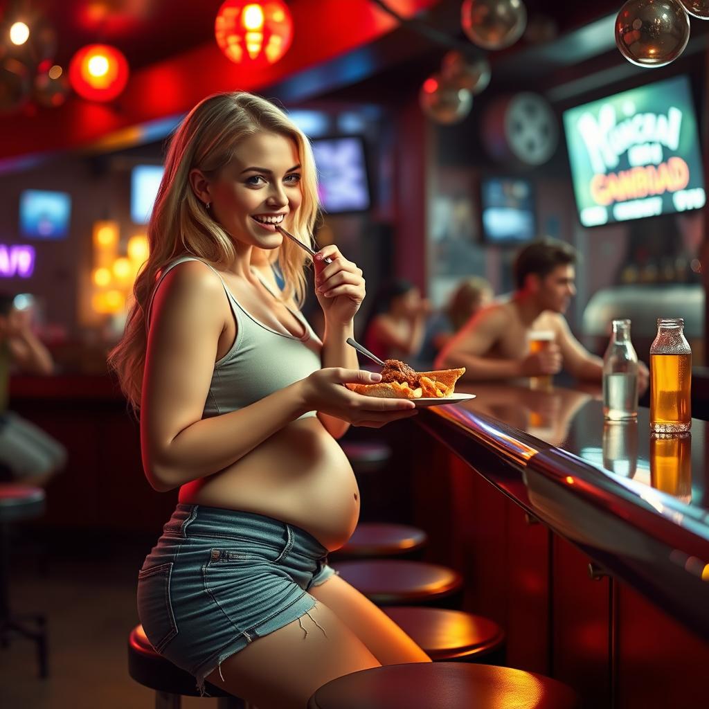 A beautiful, innocent blonde girl is enjoying a delightful meal at a lively bar