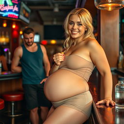 A beautiful, innocent blonde girl is at a lively bar, dressed in tight shorts and a fitted tank top that highlight her figure as she becomes extremely curvy and voluptuous, complete with a noticeable belly