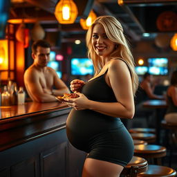A beautiful, innocent blonde girl is at a lively bar, dressed in tight shorts and a fitted tank top that highlight her figure as she becomes extremely curvy and voluptuous, complete with a noticeable belly