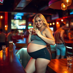 A beautiful, innocent blonde girl is at a lively bar, dressed in tight shorts and a fitted tank top that highlight her figure as she becomes extremely curvy and voluptuous, complete with a noticeable belly