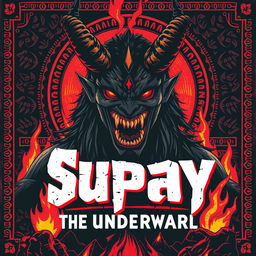A bold, stylized poster in the aesthetic of retro horror movie posters from the 1970s and 1980s featuring Supay, the god of the underworld in Andean mythology, depicted with a terrifying yet captivating presence