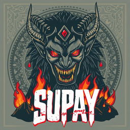 A bold, stylized poster in the aesthetic of retro horror movie posters from the 1970s and 1980s featuring Supay, the god of the underworld in Andean mythology, depicted with a terrifying yet captivating presence