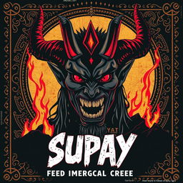 A bold, stylized poster in the aesthetic of retro horror movie posters from the 1970s and 1980s featuring Supay, the god of the underworld in Andean mythology, depicted with a terrifying yet captivating presence