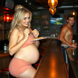 A beautiful, innocent blonde girl is at a lively bar, dressed in tight shorts and a fitted tank top that beautifully showcase her figure as she becomes extremely curvy and voluptuous, with a soft belly