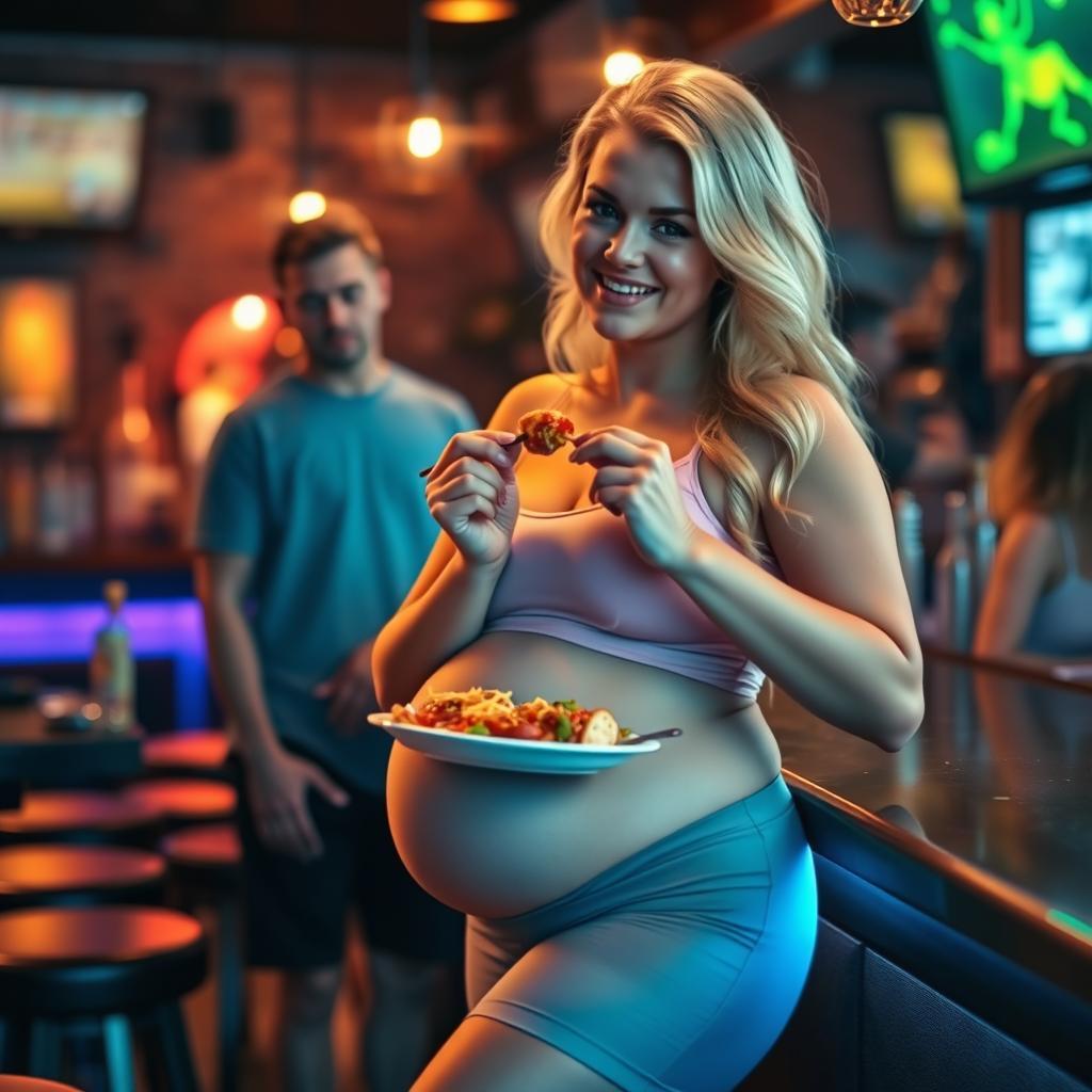 A beautiful, innocent blonde girl is at a lively bar, dressed in tight shorts and a fitted tank top that beautifully showcase her figure as she becomes extremely curvy and voluptuous, with a soft belly