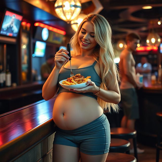 A beautiful, innocent blonde girl is at a lively bar, dressed in tight shorts and a fitted tank top that beautifully showcase her figure as she becomes extremely curvy and voluptuous, with a soft belly