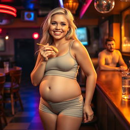 A beautiful, innocent blonde girl is enjoying a meal in a vibrant bar, dressed in tight shorts and a fitted tank top that accentuate her figure as she transforms into an extremely curvy and voluptuous woman, showcasing a soft belly