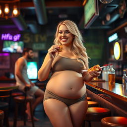 A beautiful, innocent blonde girl is enjoying a meal in a vibrant bar, dressed in tight shorts and a fitted tank top that accentuate her figure as she transforms into an extremely curvy and voluptuous woman, showcasing a soft belly