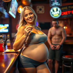A beautiful, innocent blonde girl is enjoying a meal in a vibrant bar, dressed in tight shorts and a fitted tank top that accentuate her figure as she transforms into an extremely curvy and voluptuous woman, showcasing a soft belly