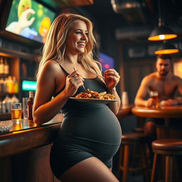 A beautiful, innocent blonde girl is at a lively bar, dressed in tight shorts and a fitted tank top that beautifully emphasize her figure as she becomes extremely curvy and voluptuous, with soft hips and a gentle belly