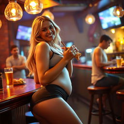 A beautiful, innocent blonde girl is at a lively bar, dressed in tight shorts and a fitted tank top that beautifully emphasize her figure as she becomes extremely curvy and voluptuous, with soft hips and a gentle belly