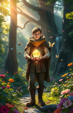 A young man, radiating confidence and charm, stands in a lush, magical forest brimming with vibrant flowers and mystical creatures