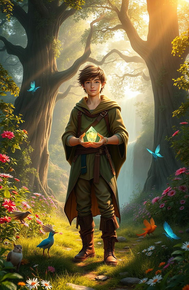 A young man, radiating confidence and charm, stands in a lush, magical forest brimming with vibrant flowers and mystical creatures