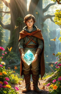 A young man, radiating confidence and charm, stands in a lush, magical forest brimming with vibrant flowers and mystical creatures