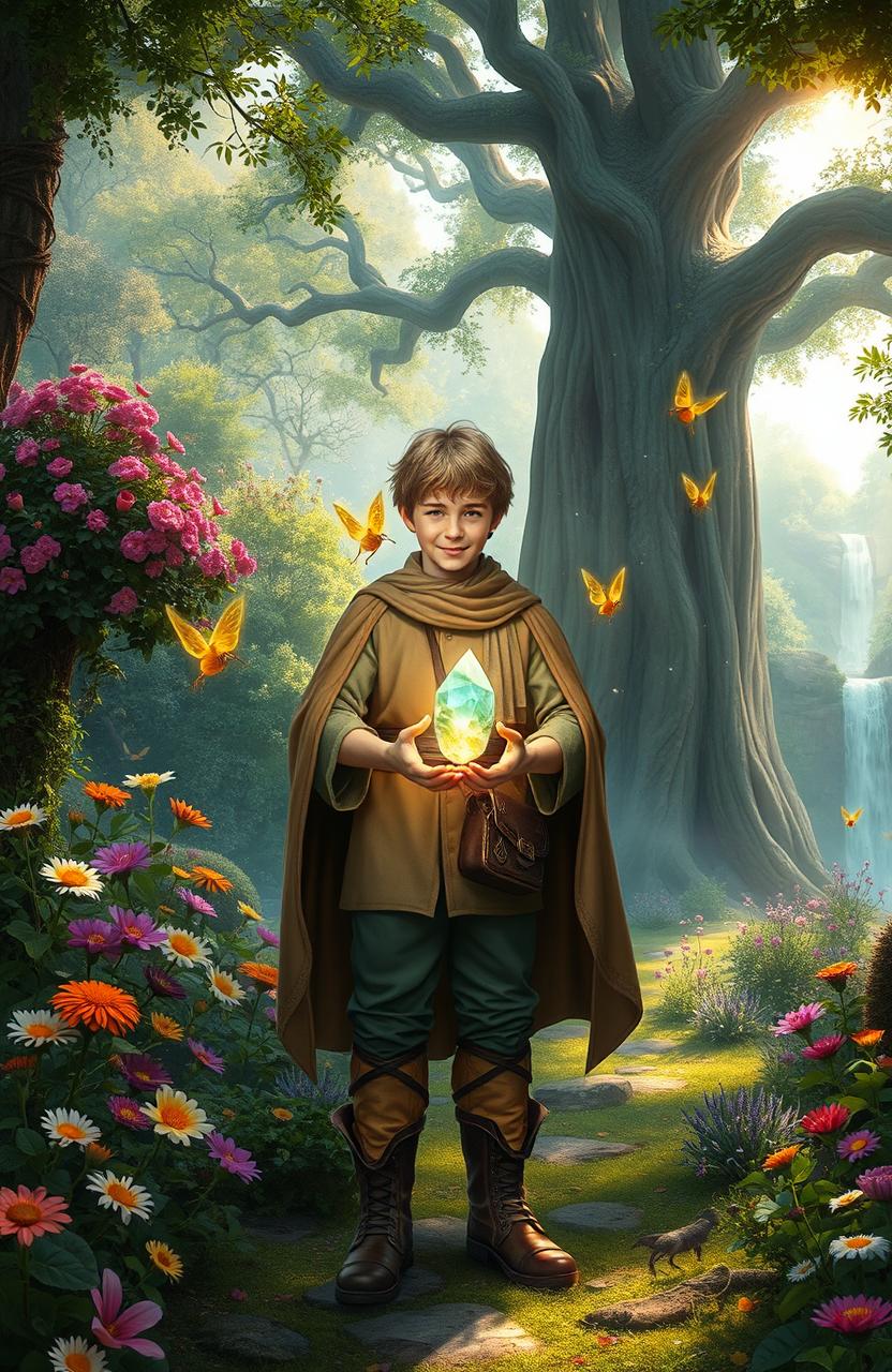 A young man, radiating confidence and charm, stands in a lush, magical forest brimming with vibrant flowers and mystical creatures