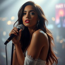 A striking and artistic representation of a female singer embodying confidence and charisma, posing elegantly in a dreamy, ethereal setting