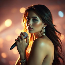 A striking and artistic representation of a female singer embodying confidence and charisma, posing elegantly in a dreamy, ethereal setting