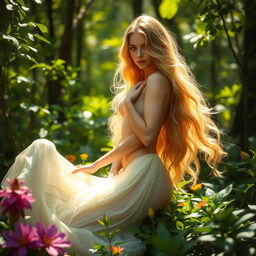 A stunning, ethereal depiction of a female figure with long, flowing hair, embodying the essence of nature