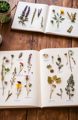 A beautifully arranged herbarium display featuring a variety of pressed and dried plants meticulously mounted on bright white pages