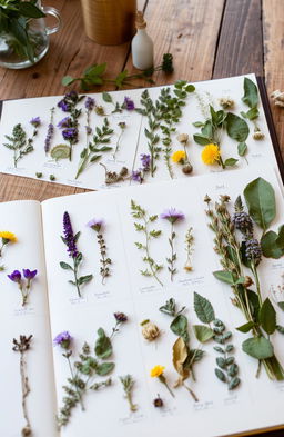 A beautifully arranged herbarium display featuring a variety of pressed and dried plants meticulously mounted on bright white pages