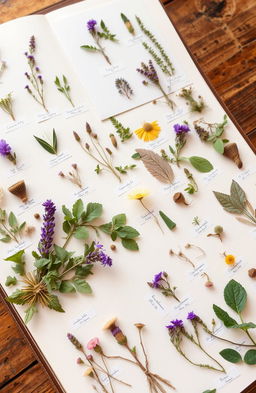 A beautifully arranged herbarium display featuring a variety of pressed and dried plants meticulously mounted on bright white pages