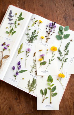 A beautifully arranged herbarium display featuring a variety of pressed and dried plants meticulously mounted on bright white pages