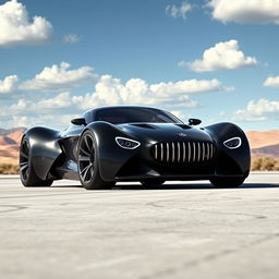 A digital rendering of a futuristic car in a striking black color, featuring a sleek and modern design