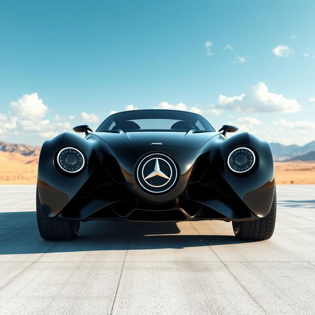 A digital rendering of a futuristic car in a striking black color, featuring a sleek and modern design