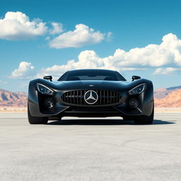 A digital rendering of a futuristic car in a striking black color, featuring a sleek and modern design