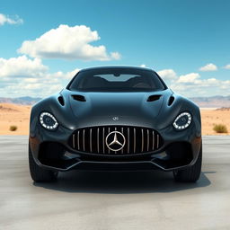 A digital rendering of a futuristic car in a striking black color, featuring a sleek and modern design