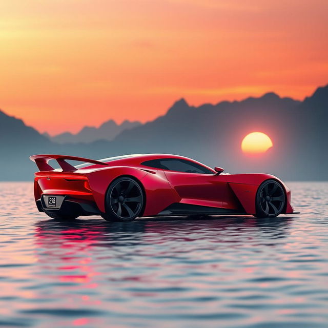 A digital rendering of a futuristic sports car in vibrant red color, showcasing a sleek and aerodynamic design