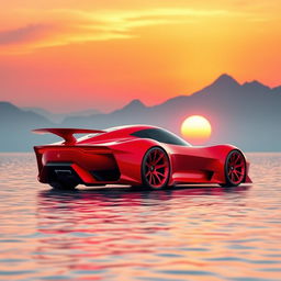 A digital rendering of a futuristic sports car in vibrant red color, showcasing a sleek and aerodynamic design