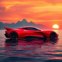 A digital rendering of a futuristic sports car in vibrant red color, showcasing a sleek and aerodynamic design