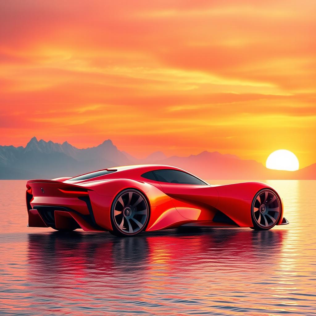 A digital rendering of a futuristic sports car in vibrant red color, showcasing a sleek and aerodynamic design