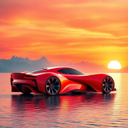 A digital rendering of a futuristic sports car in vibrant red color, showcasing a sleek and aerodynamic design