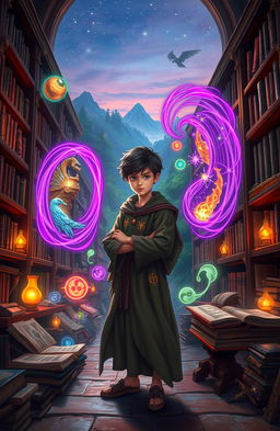 In a vibrant fantasy setting, a young student with magical portal abilities stands in a mystical library filled with ancient tomes and glowing artifacts