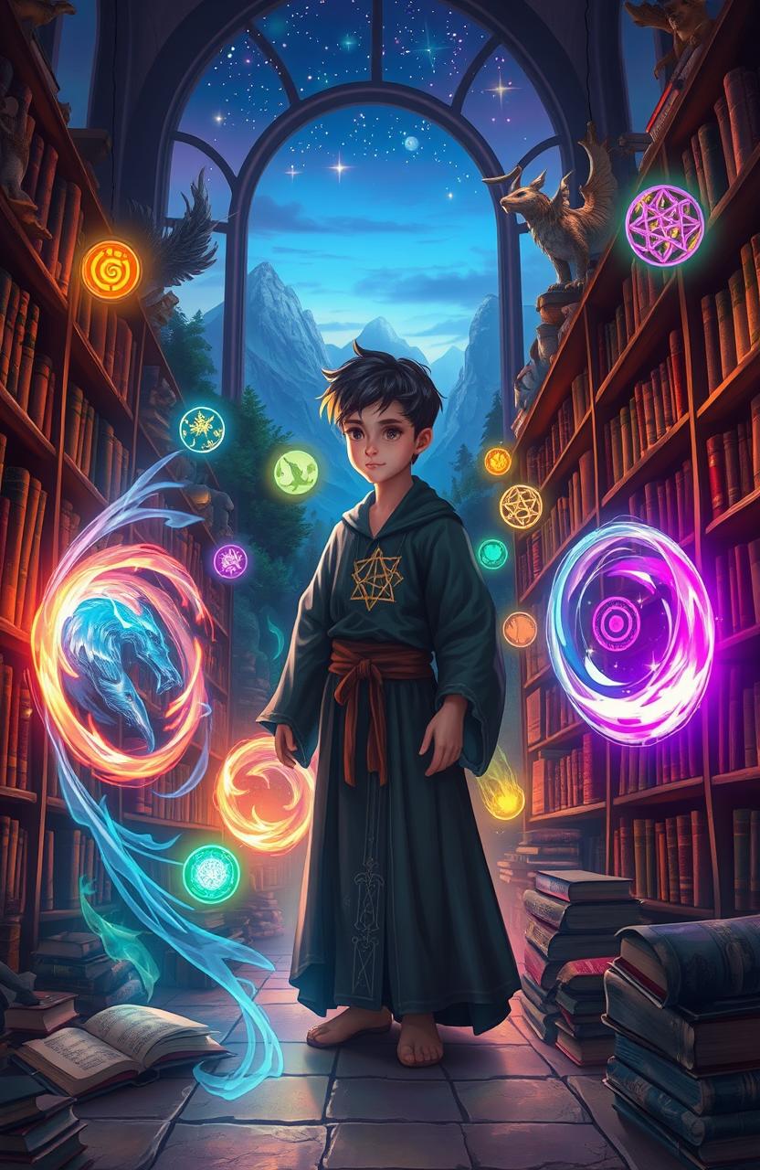 In a vibrant fantasy setting, a young student with magical portal abilities stands in a mystical library filled with ancient tomes and glowing artifacts