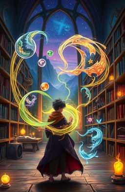 In a vibrant fantasy setting, a young student with magical portal abilities stands in a mystical library filled with ancient tomes and glowing artifacts