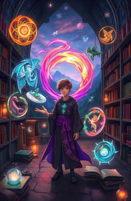 In a vibrant fantasy setting, a young student with magical portal abilities stands in a mystical library filled with ancient tomes and glowing artifacts