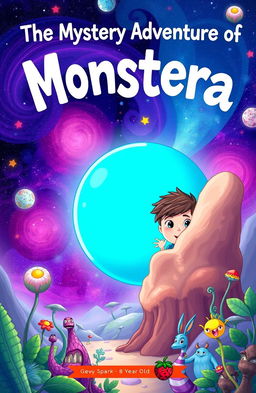A colorful book cover illustration for a children's adventure book titled 'The Mystery Adventure of Monstera'