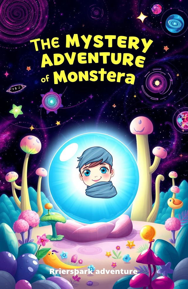 A colorful book cover illustration for a children's adventure book titled 'The Mystery Adventure of Monstera'