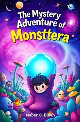 A colorful book cover illustration for a children's adventure book titled 'The Mystery Adventure of Monstera'