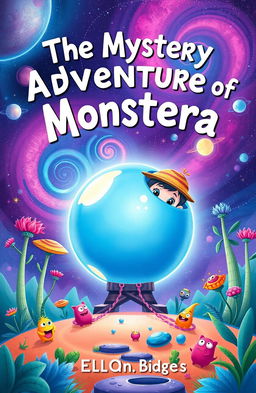 A colorful book cover illustration for a children's adventure book titled 'The Mystery Adventure of Monstera'