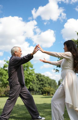A heartwarming scene depicting parents practicing tai chi together in a serene outdoor setting