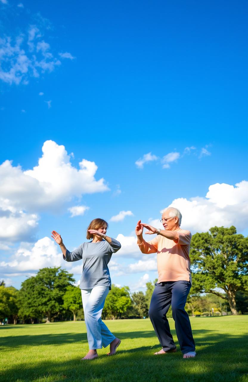 A heartwarming scene depicting parents practicing tai chi together in a serene outdoor setting