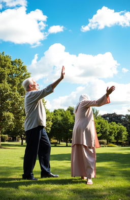 A heartwarming scene depicting parents practicing tai chi together in a serene outdoor setting